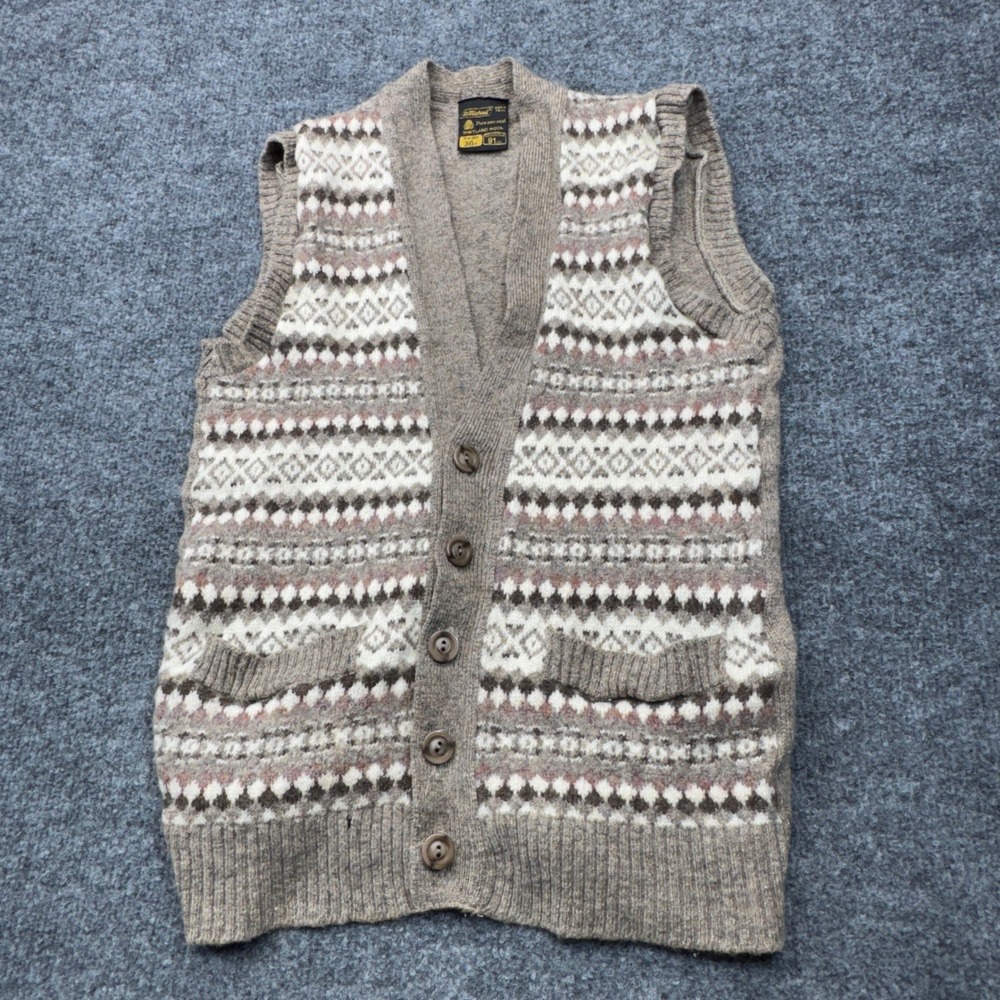 Vintage St Michael Sweater Vest Womens XS Brown Wool Fair Isle Button Knit 70s